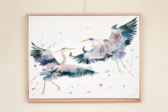 Herons in Flight No. 8, Painting, Watercolor on Canvas