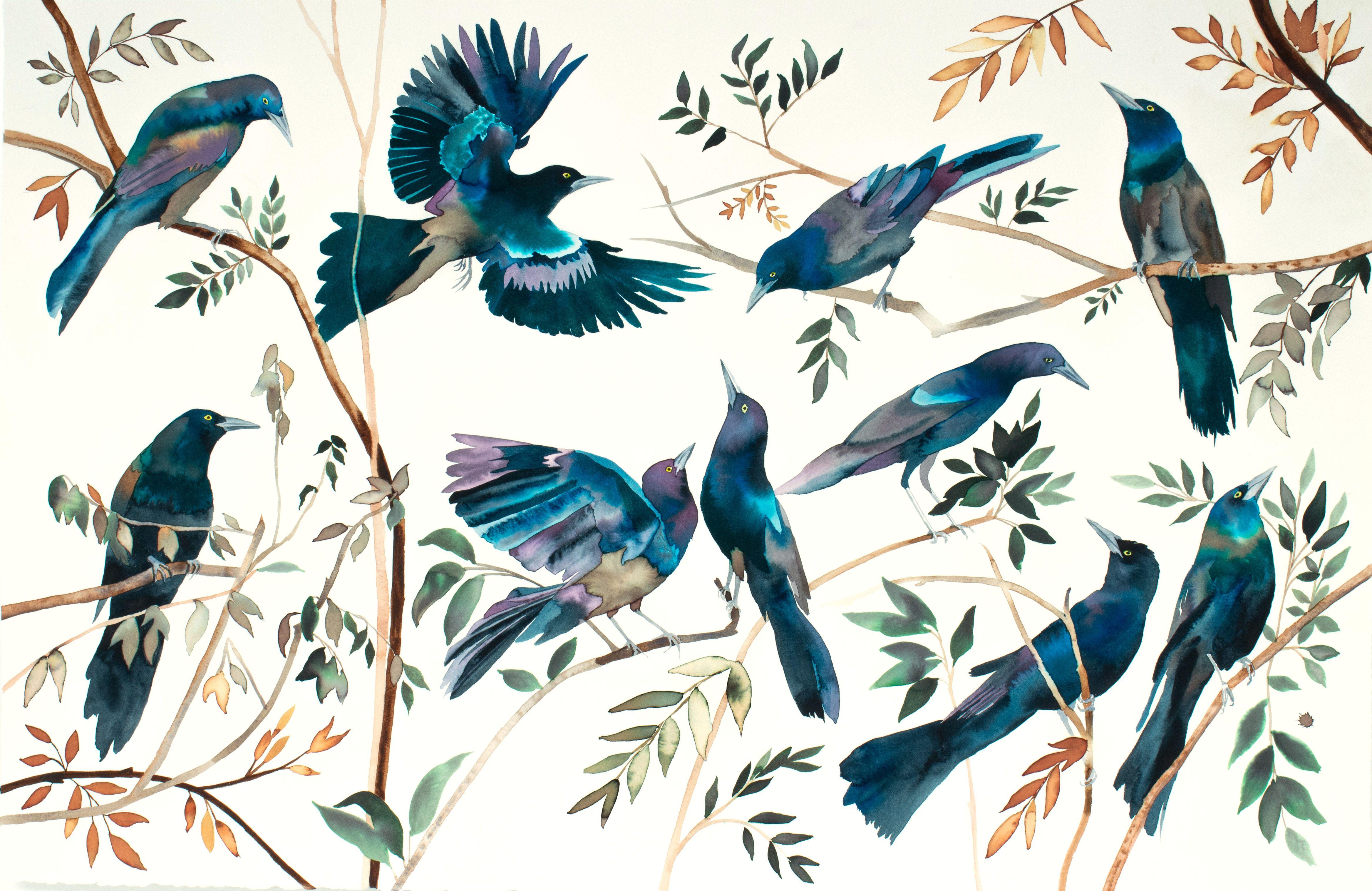 Grackles No. 2, peinture, aquarelle sur papier - Art de Elizabeth Becker