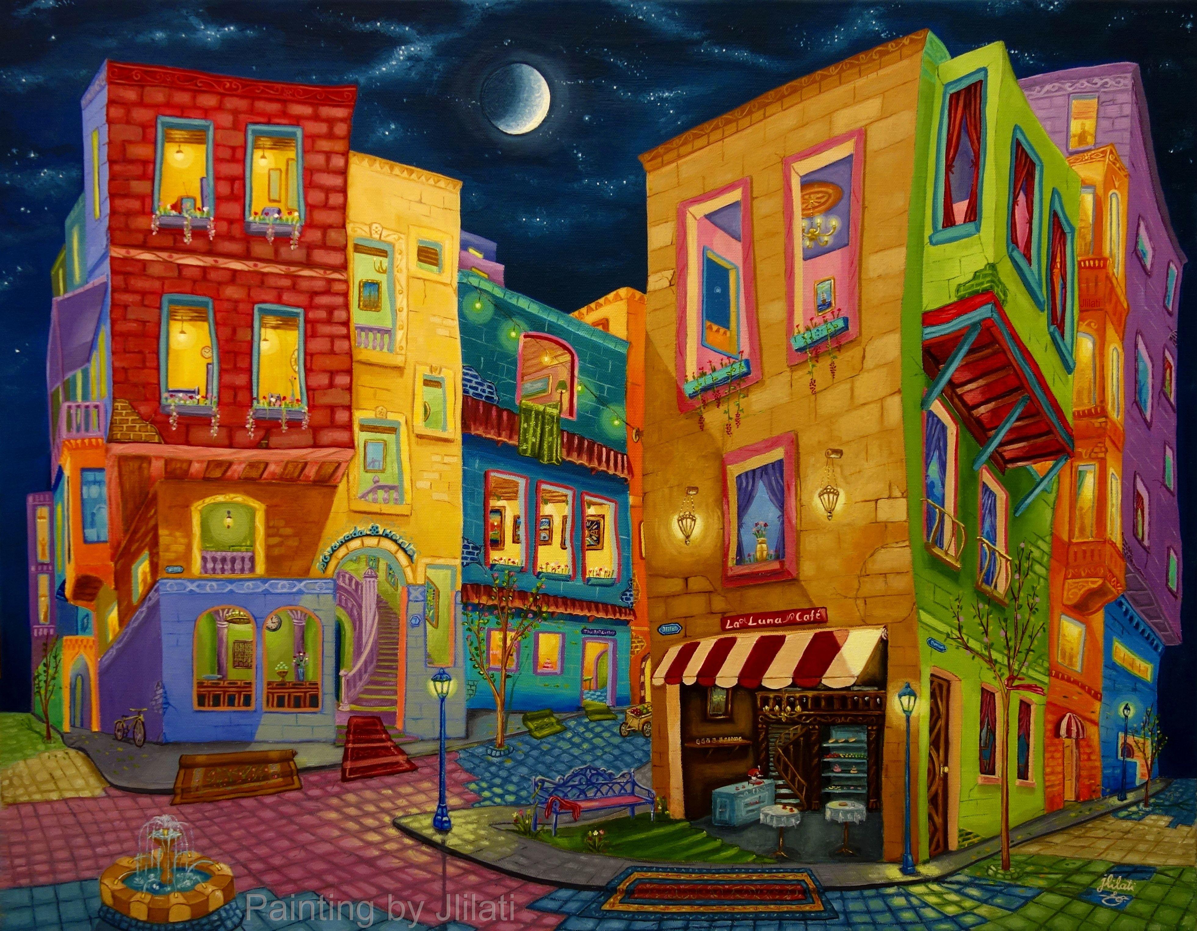 Nachtspaziergang, Romeo & Joliet, Gemälde, Öl auf Leinwand – Art von Esam Jlilati
