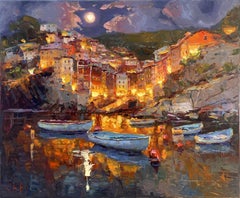 Città notturna al molo, Pittura, Olio su tela