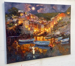 Città notturna al molo, Pittura, Olio su tela