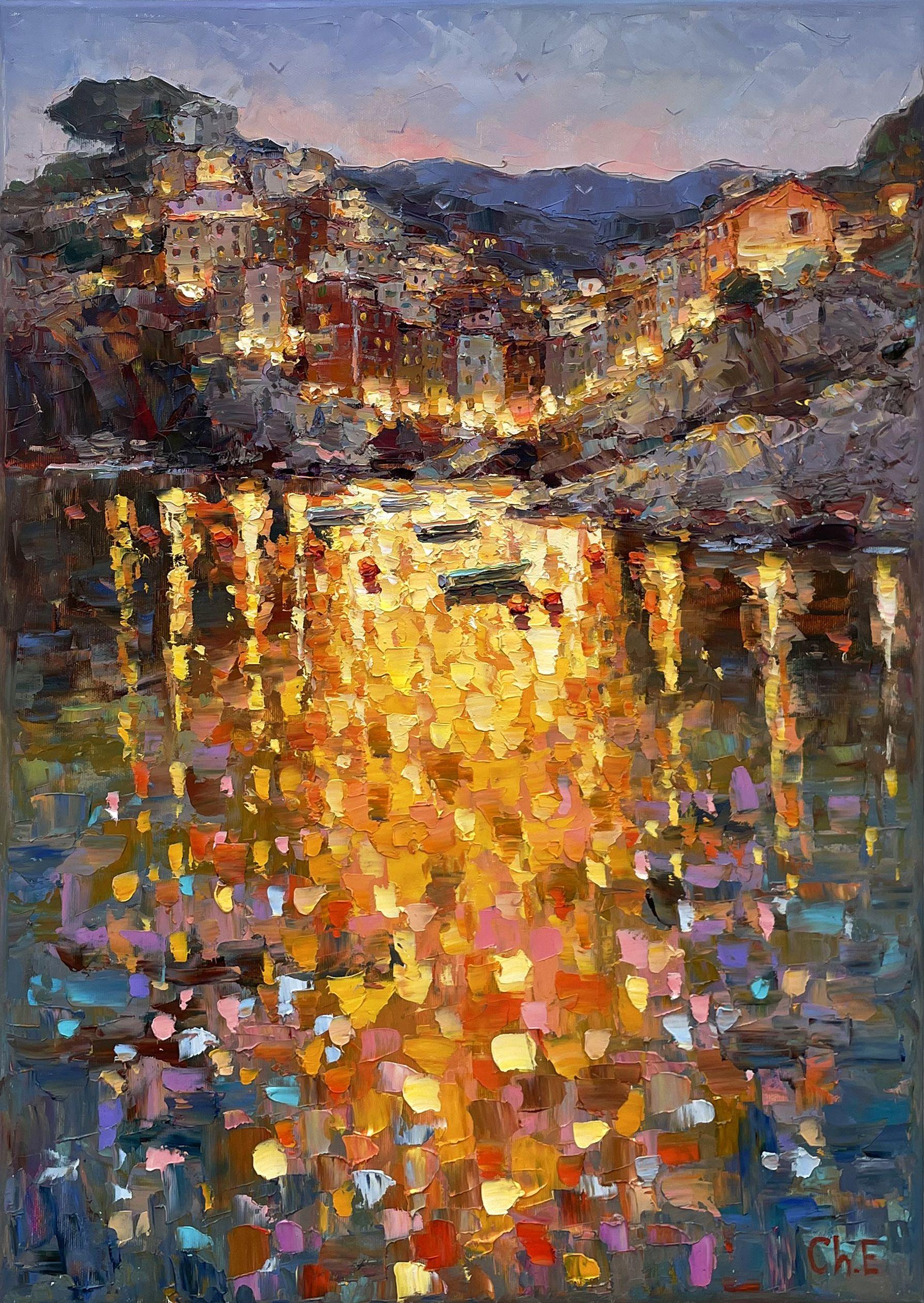 "Ville du soir", Peinture, Huile sur toile