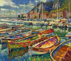 "Muelle con barcas", Pintura, Óleo sobre lienzo