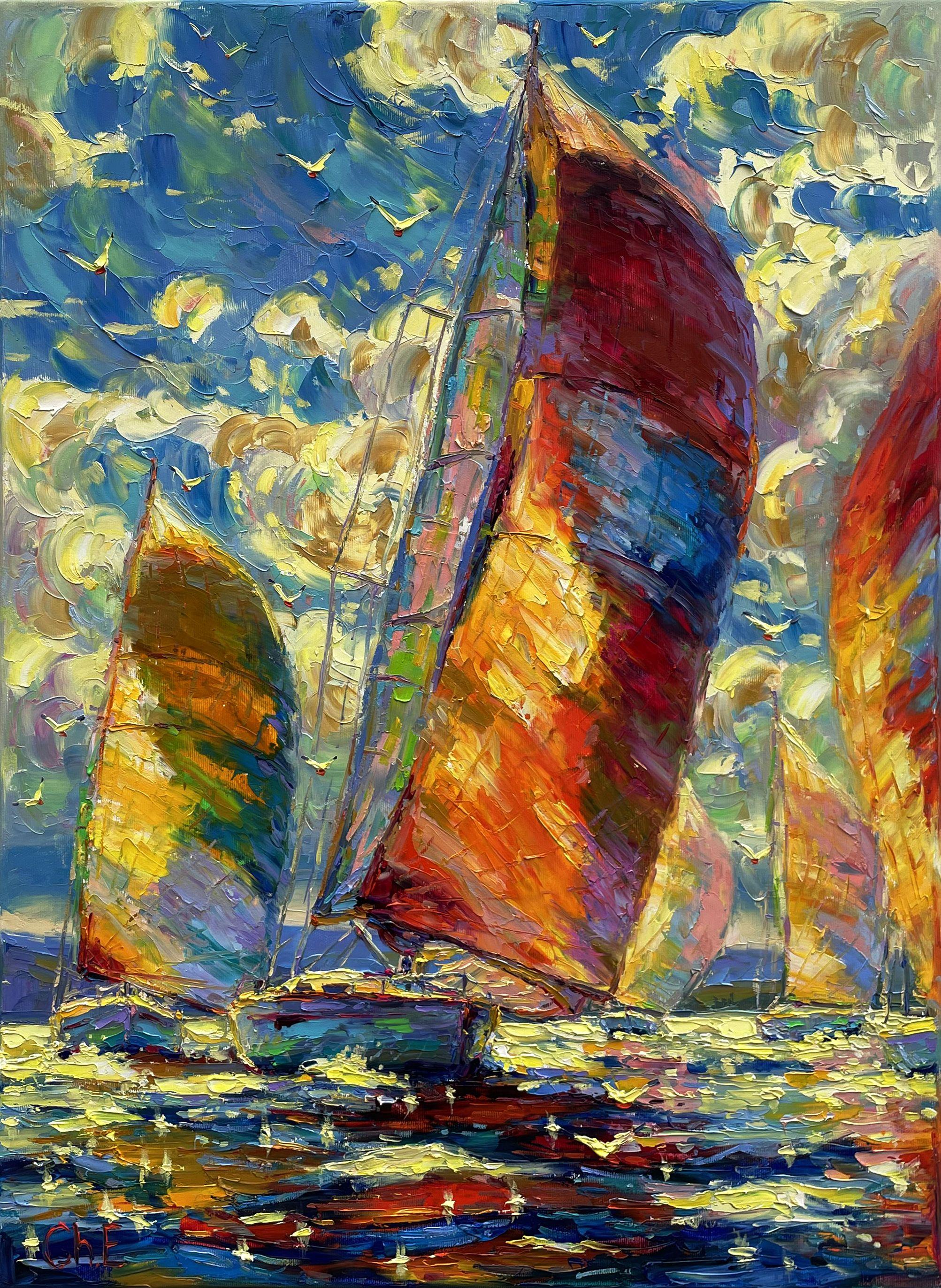 "Sailboats at Sea", Painting, Oil on Canvas