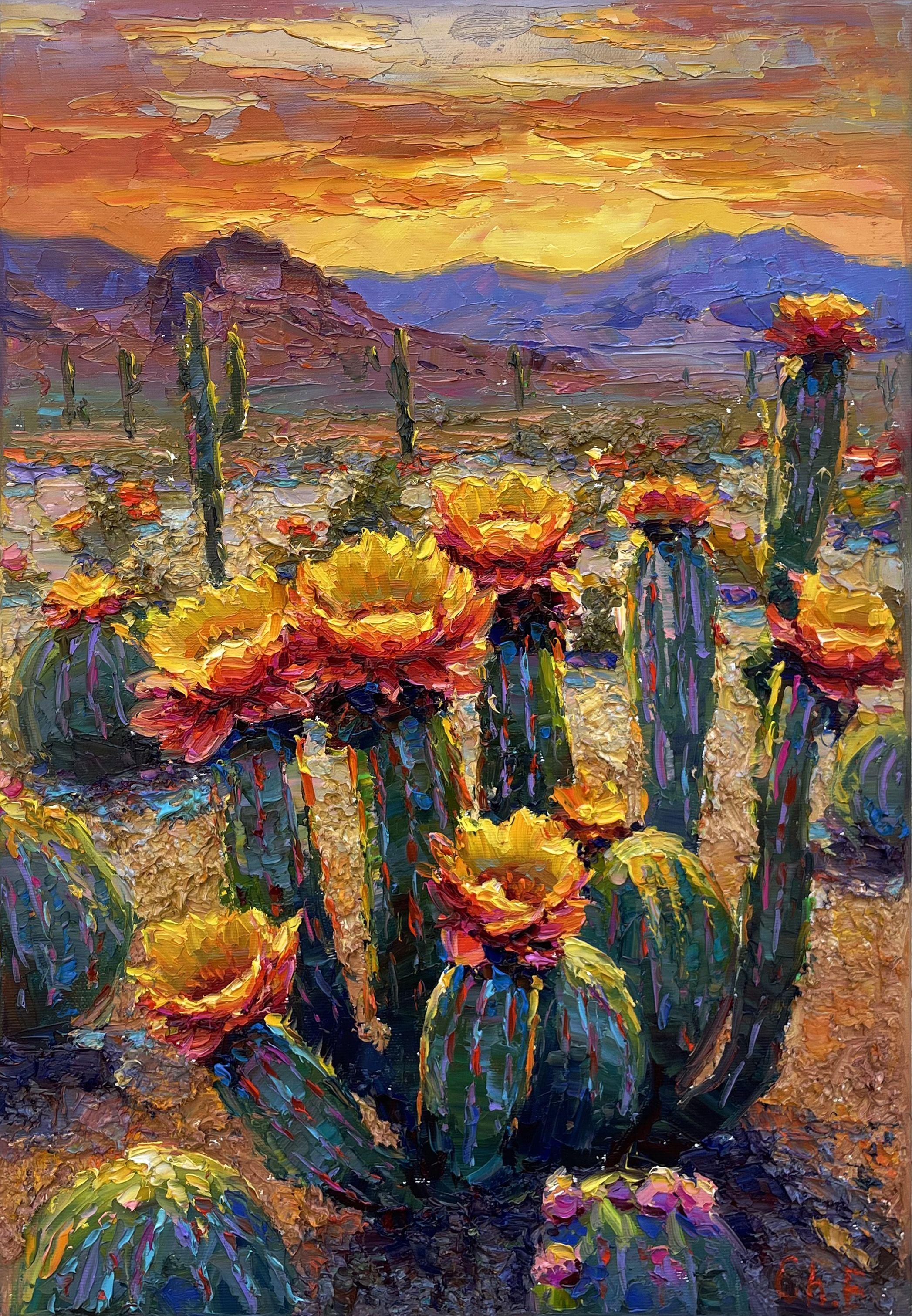 "Cactus fleuris du Canyon ", peinture, huile sur toile - Art de Evgeny Chernyakovsky