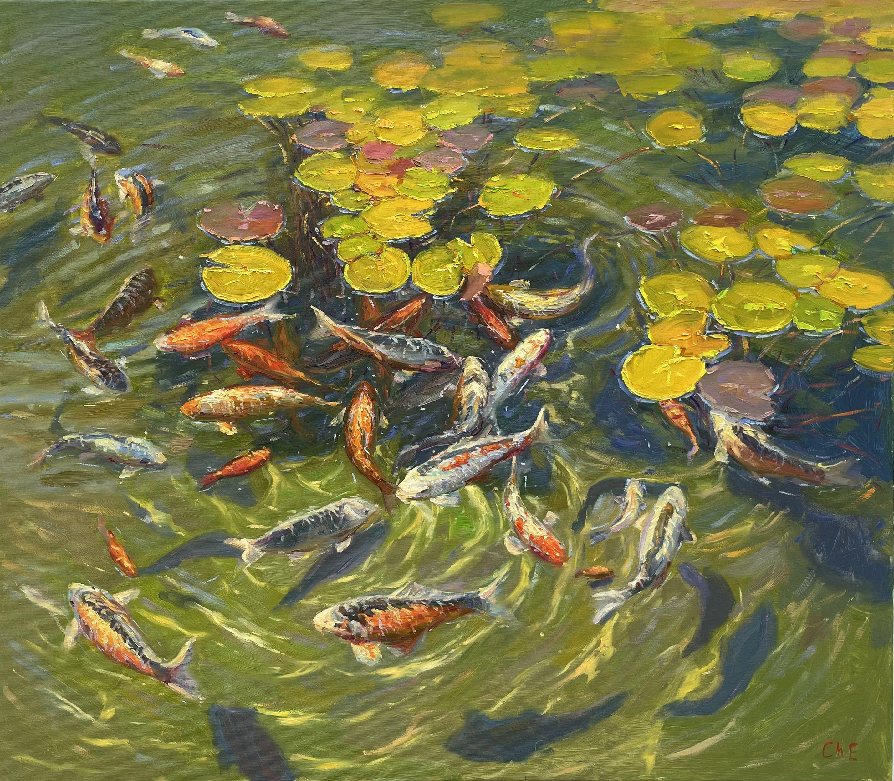 "Koi im Teich", Gemälde, Öl auf Leinwand – Art von Evgeny Chernyakovsky