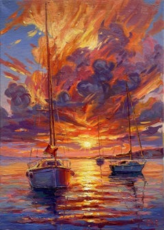 "Coucher de soleil sur la mer", peinture, huile sur toile