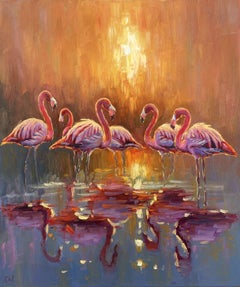 Rosa Flamingos, Gemälde, Öl auf Leinwand