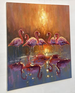 Rosa Flamingos, Gemälde, Öl auf Leinwand