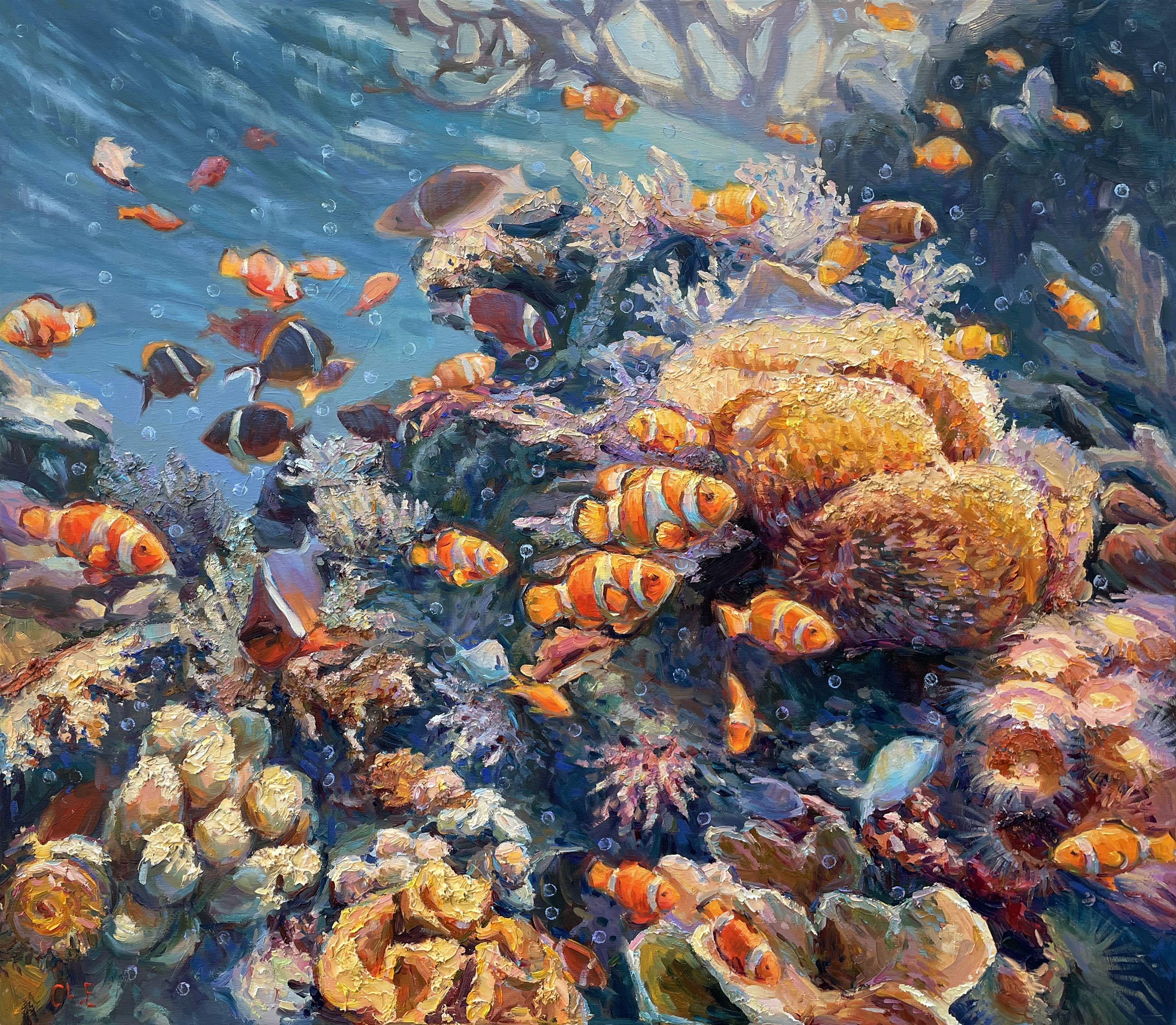 "Récif sous-marin", peinture, huile sur toile - Art de Evgeny Chernyakovsky