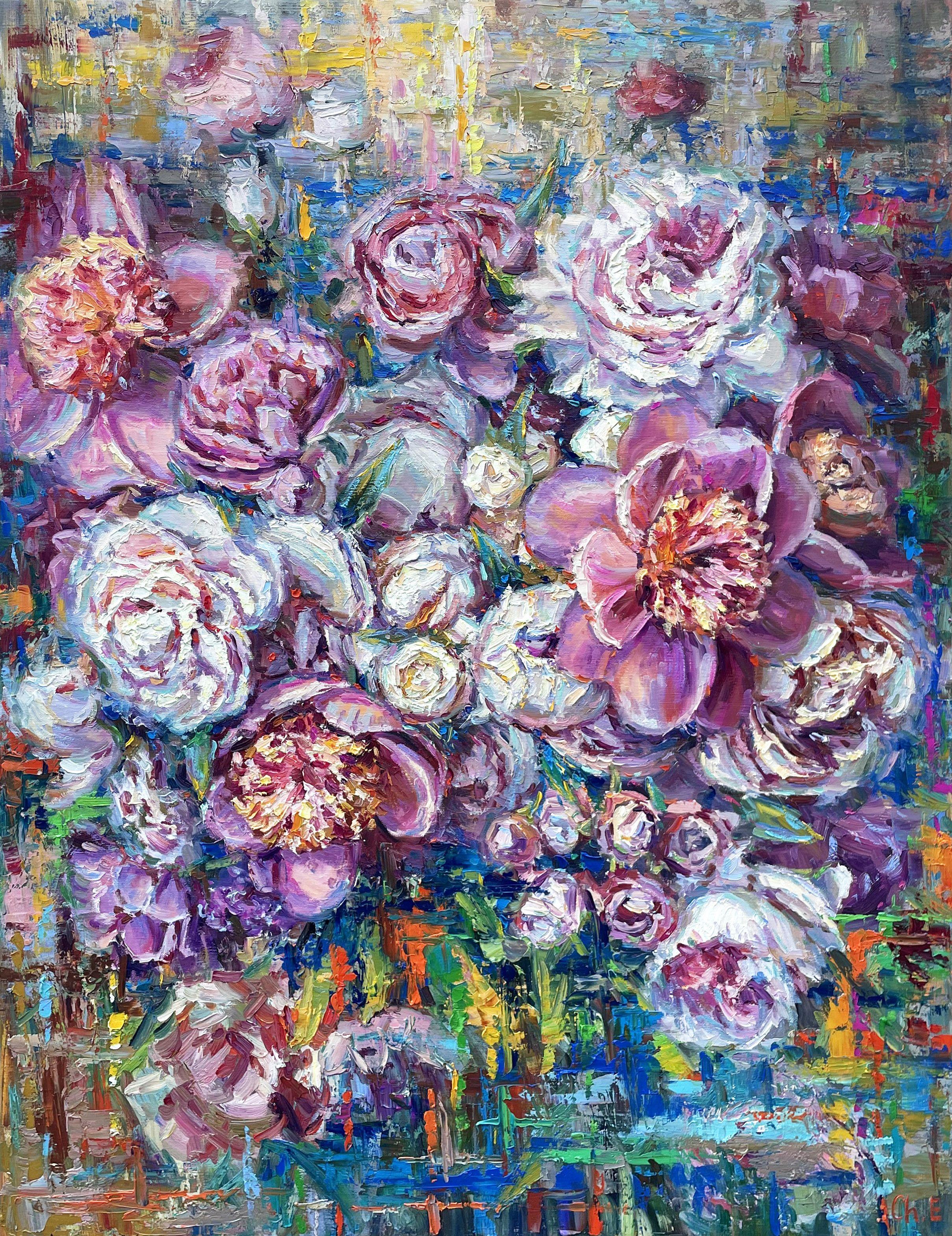 Blumenstrauß aus Pfingstrosen", Gemälde, Öl auf Leinwand – Art von Evgeny Chernyakovsky