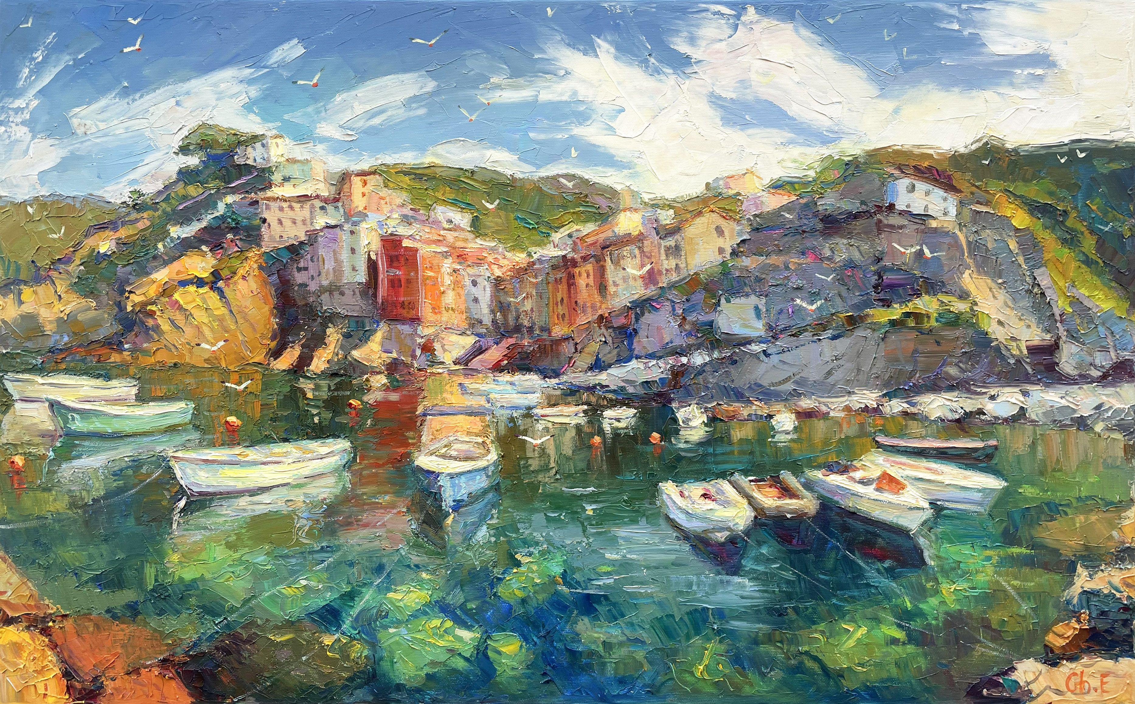 Barche al molo, Pittura, Olio su tela - Art di Evgeny Chernyakovsky