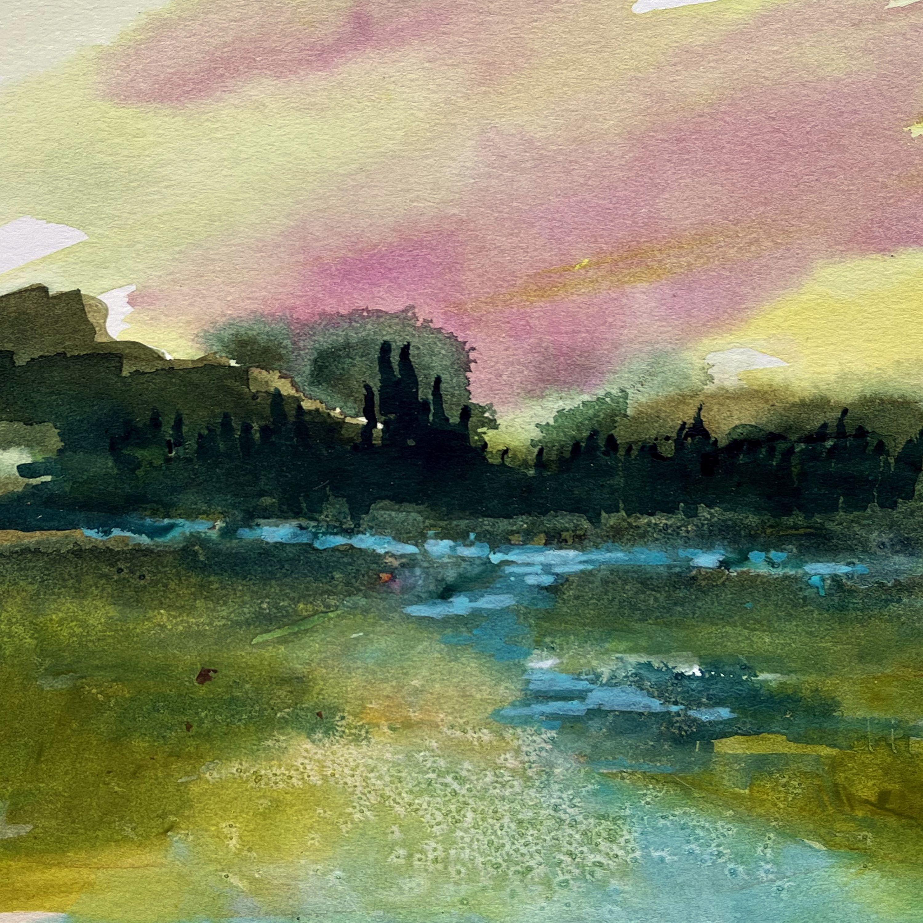 Meadow Sunset, Painting, Watercolor on Paper