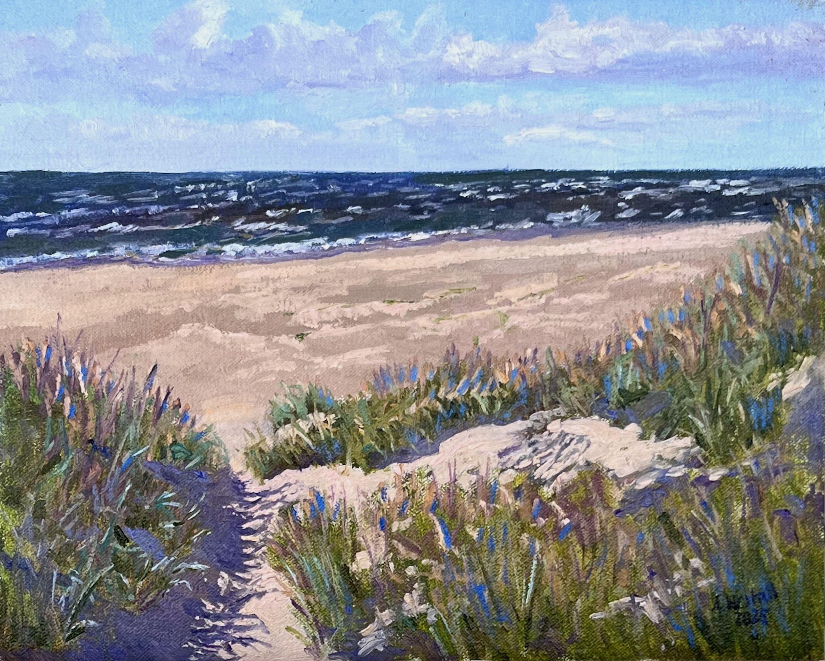 Ombres et lumières dans les dunes de Blåvand, peinture, huile sur toile - Art de Gary Westall