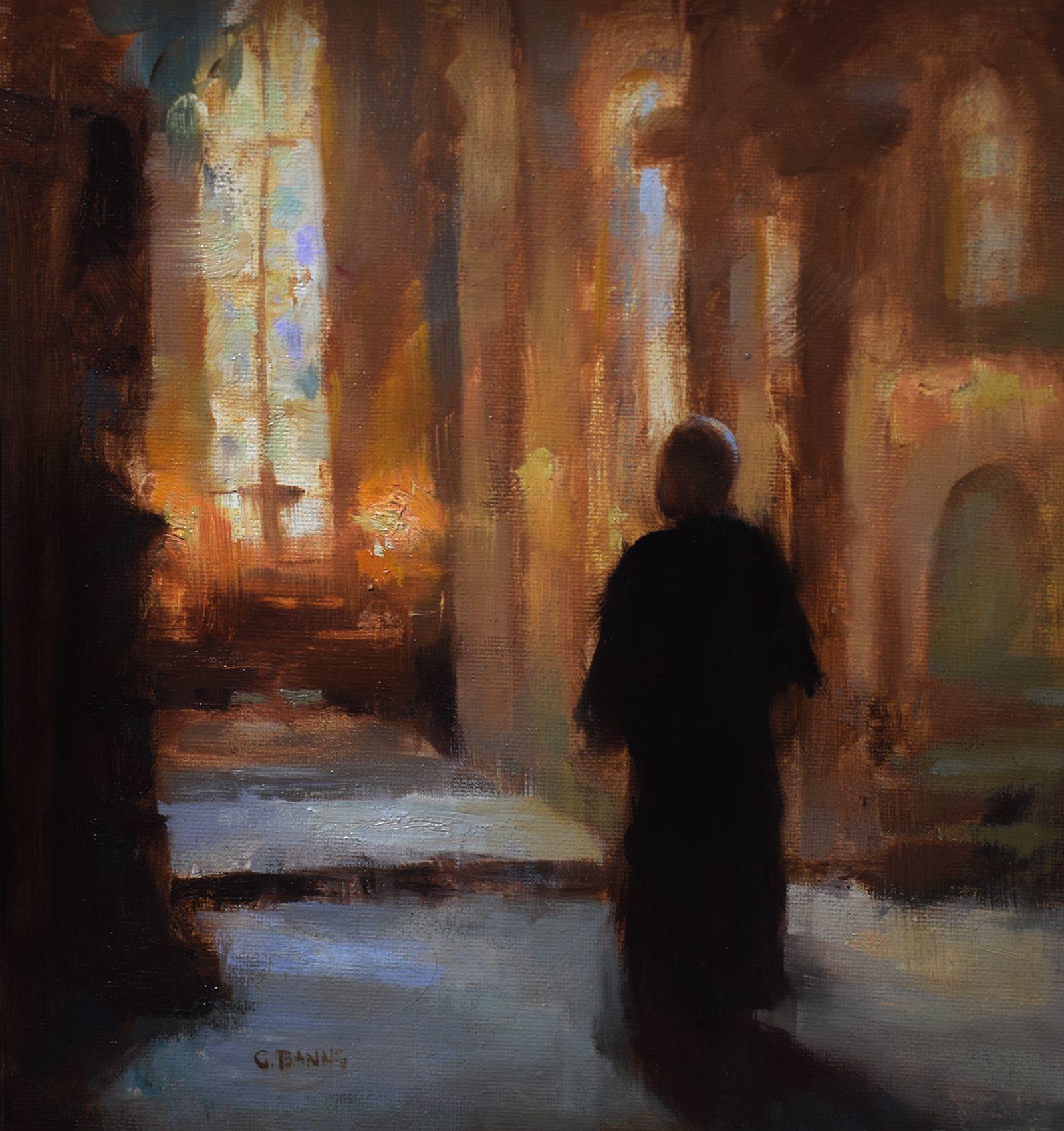 French Priest inside church interior impressionism, Painting, Oil on Canvas