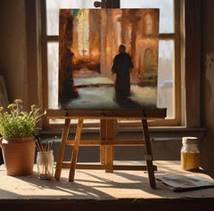 Sacerdote francese all'interno di una chiesa impressionista, Pittura, Olio su tela