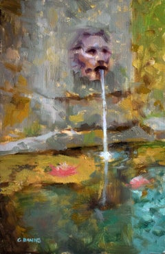 Fuente de león francesa con cuenca de nenúfares, Pintura, Óleo sobre lienzo