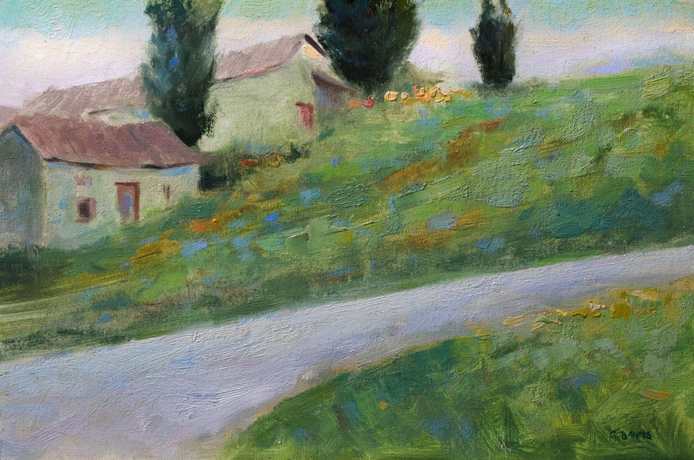Impressionistische französische Nebengebäude im Winter ti, Gemälde, Öl auf Leinwand – Art von Gav Banns