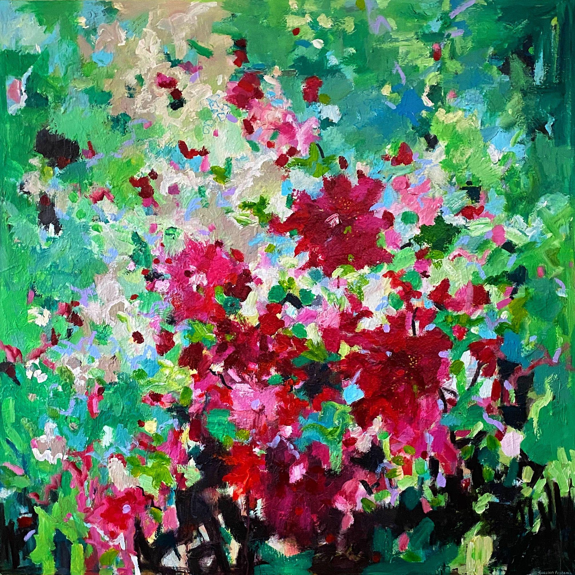 Rote Blumen Liebhaber, Malerei, Acryl auf Leinwand – Art von Geesien Postema