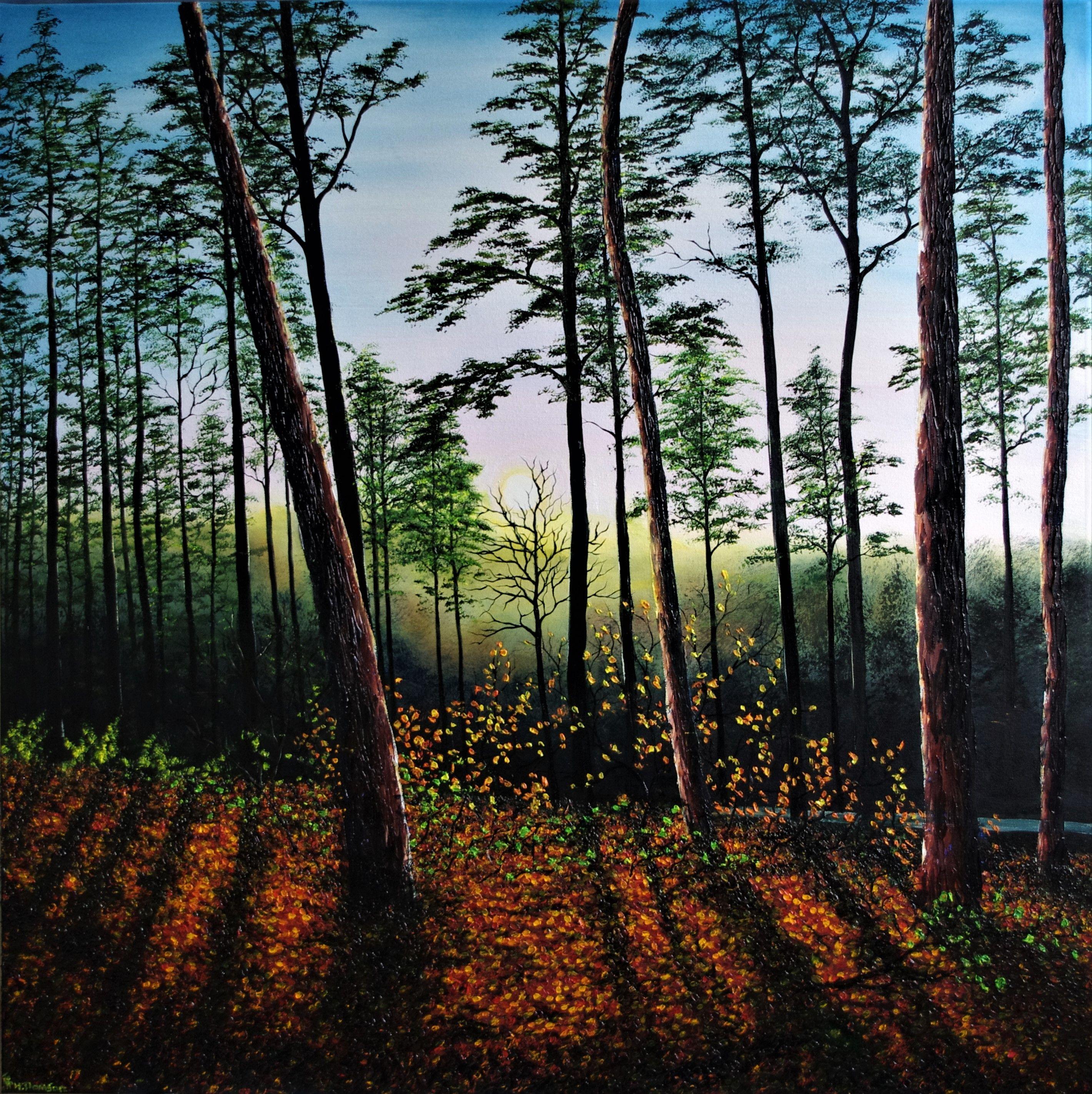 Autumn Sunset in the Forest, Painting, Oil on Canvas - Art by Hazel Thomson
