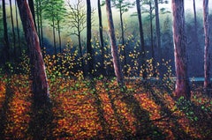 Coucher de soleil d'automne dans la forêt, peinture, huile sur toile