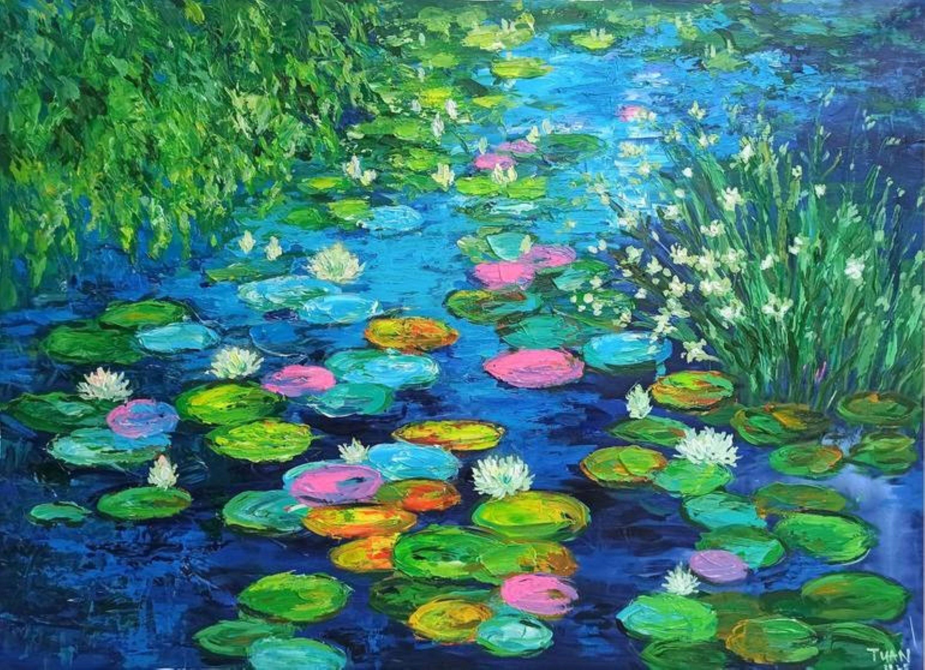 Colorful Water Lily, Painting, Acrylic on Canvas - Art by Hoang Phuong