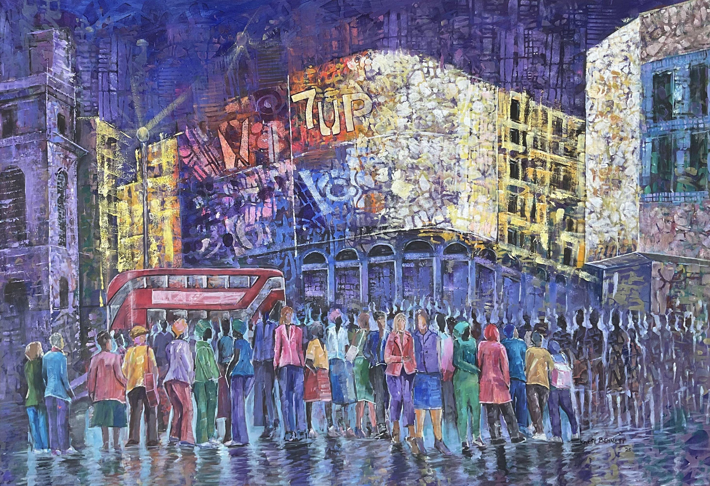 Piccadilly Circus la nuit, Peinture, Acrylique sur toile - Art de Jacob Kwesi Bennett