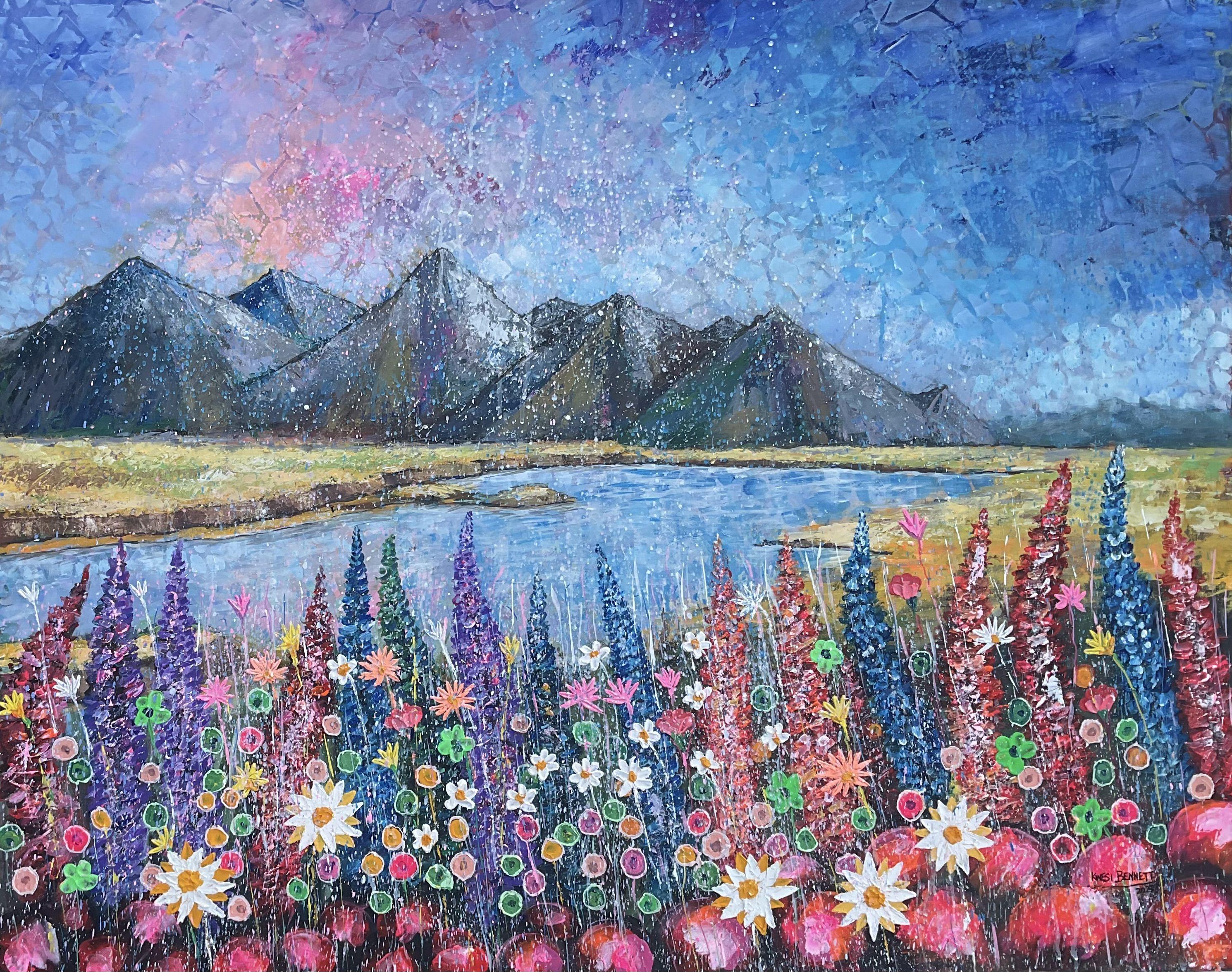 Blossoms beneath the peaks, Painting, Acrylic on Canvas - Art by Jacob Kwesi Bennett