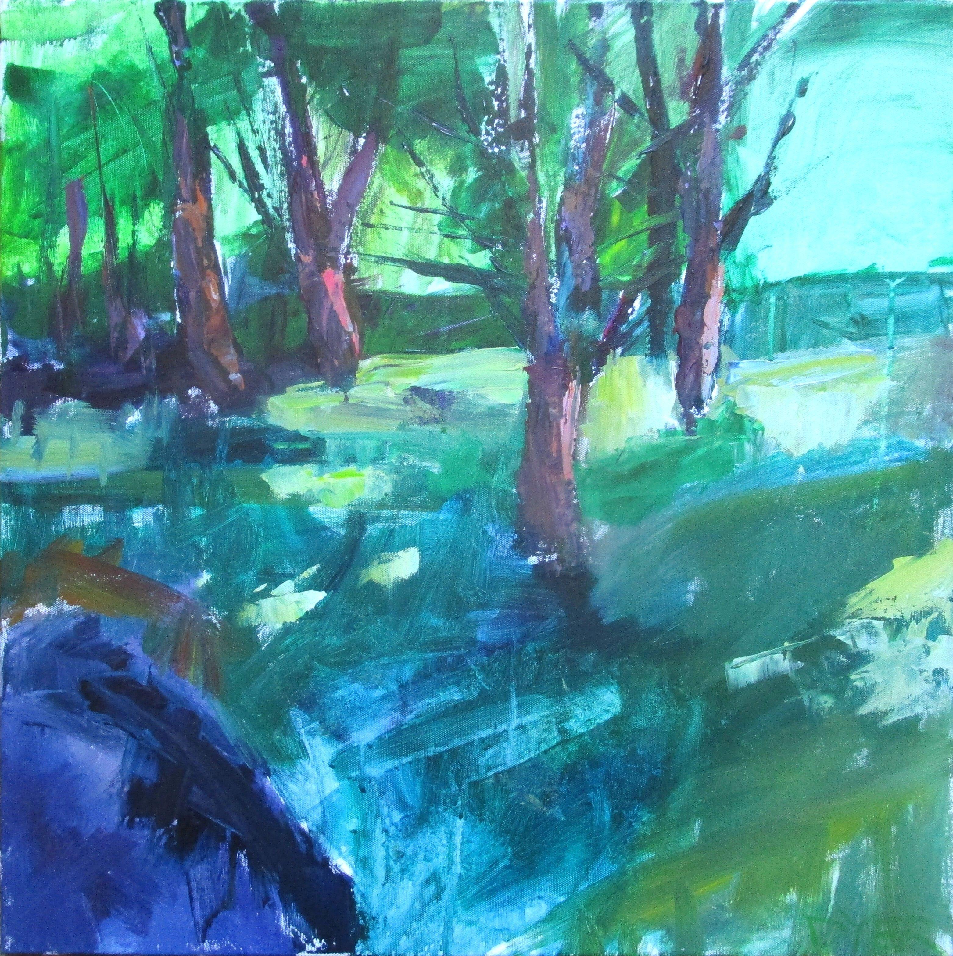Bäume im Park, Gemälde, Acryl auf Leinwand – Art von Janet Dyer