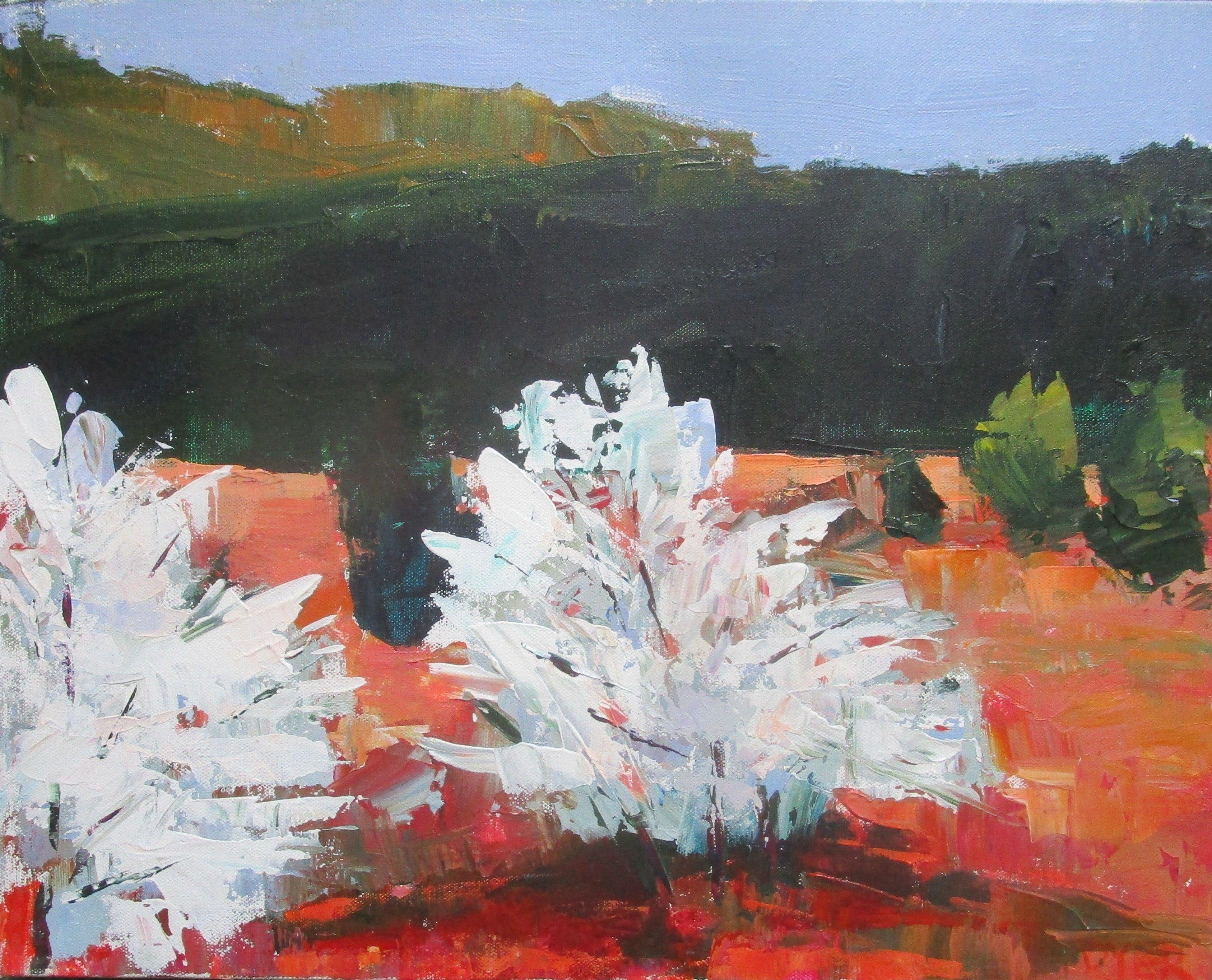 Two White Trees in the Park, Gemälde, Acryl auf Leinwand