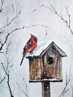 Roter Kardinal Aquarellmalerei â€"Winter Vogelhaus, Malerei, Aquarell auf Pa