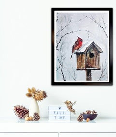 Roter Kardinal Aquarellmalerei â€"Winter Vogelhaus, Malerei, Aquarell auf Pa