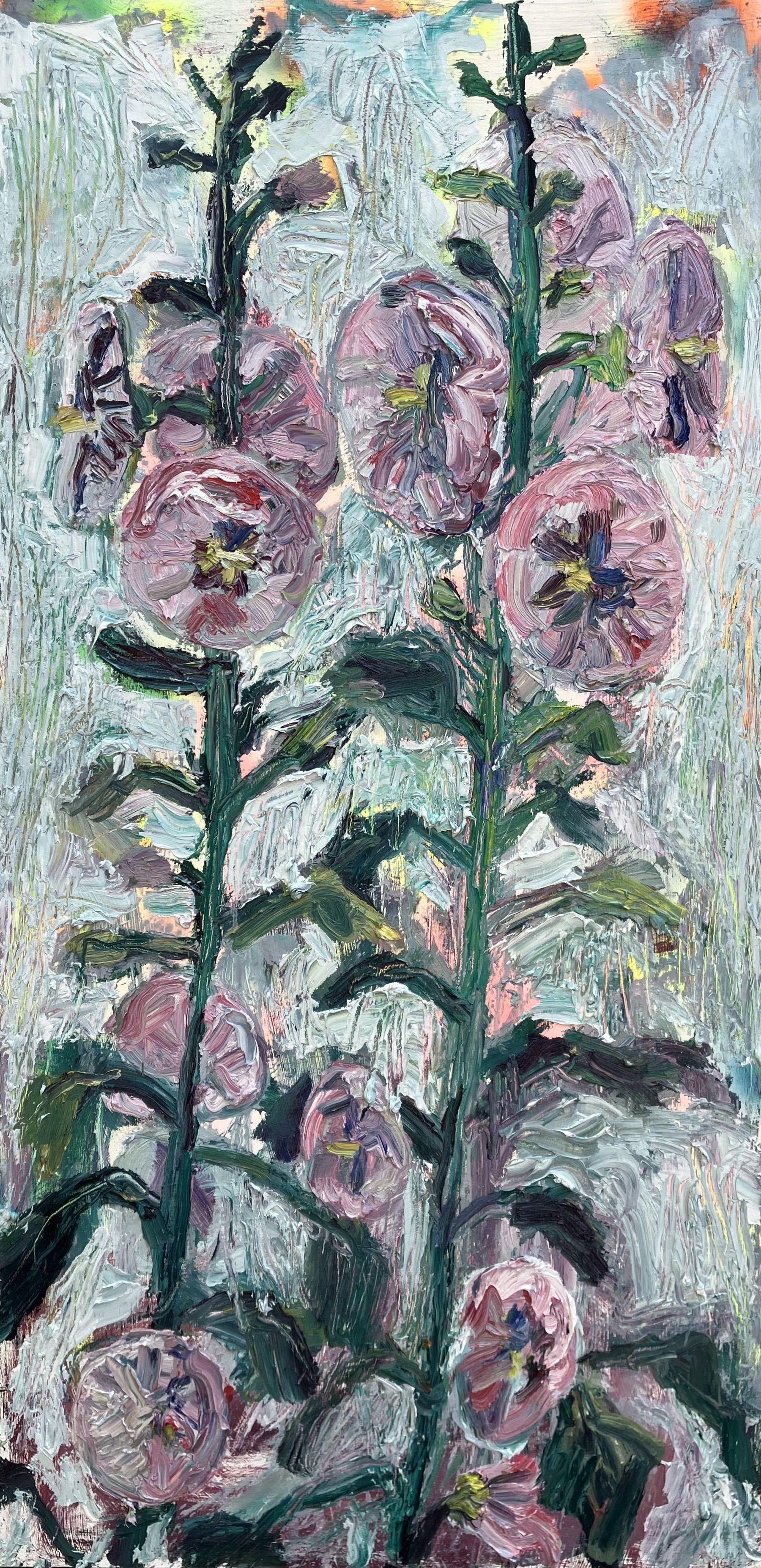 Pink Hollyhocks, Painting, Oil on Wood Panel