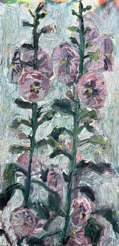 Roses trémières roses, peinture, huile sur panneau de bois