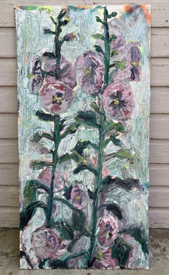 Roses trémières roses, peinture, huile sur panneau de bois