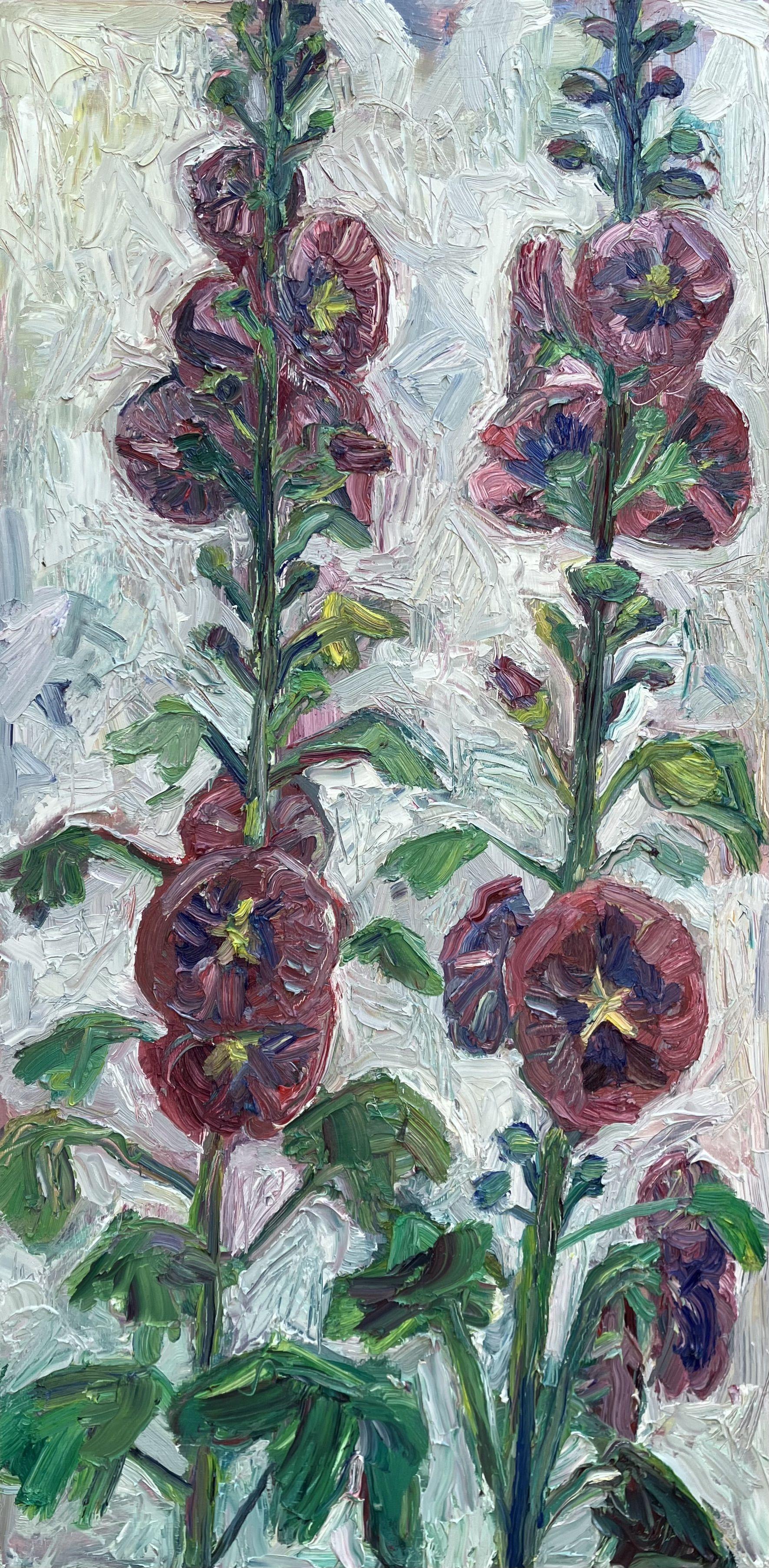 Red Hollyhocks, Painting, Oil on Wood Panel