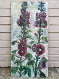 Roses trémières rouges, peinture, huile sur panneau de bois