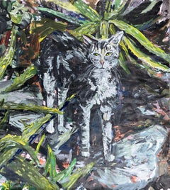 Chaton dans le jardin de cactus, peinture, acrylique sur papier