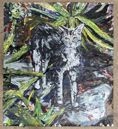Chaton dans le jardin de cactus, peinture, acrylique sur papier