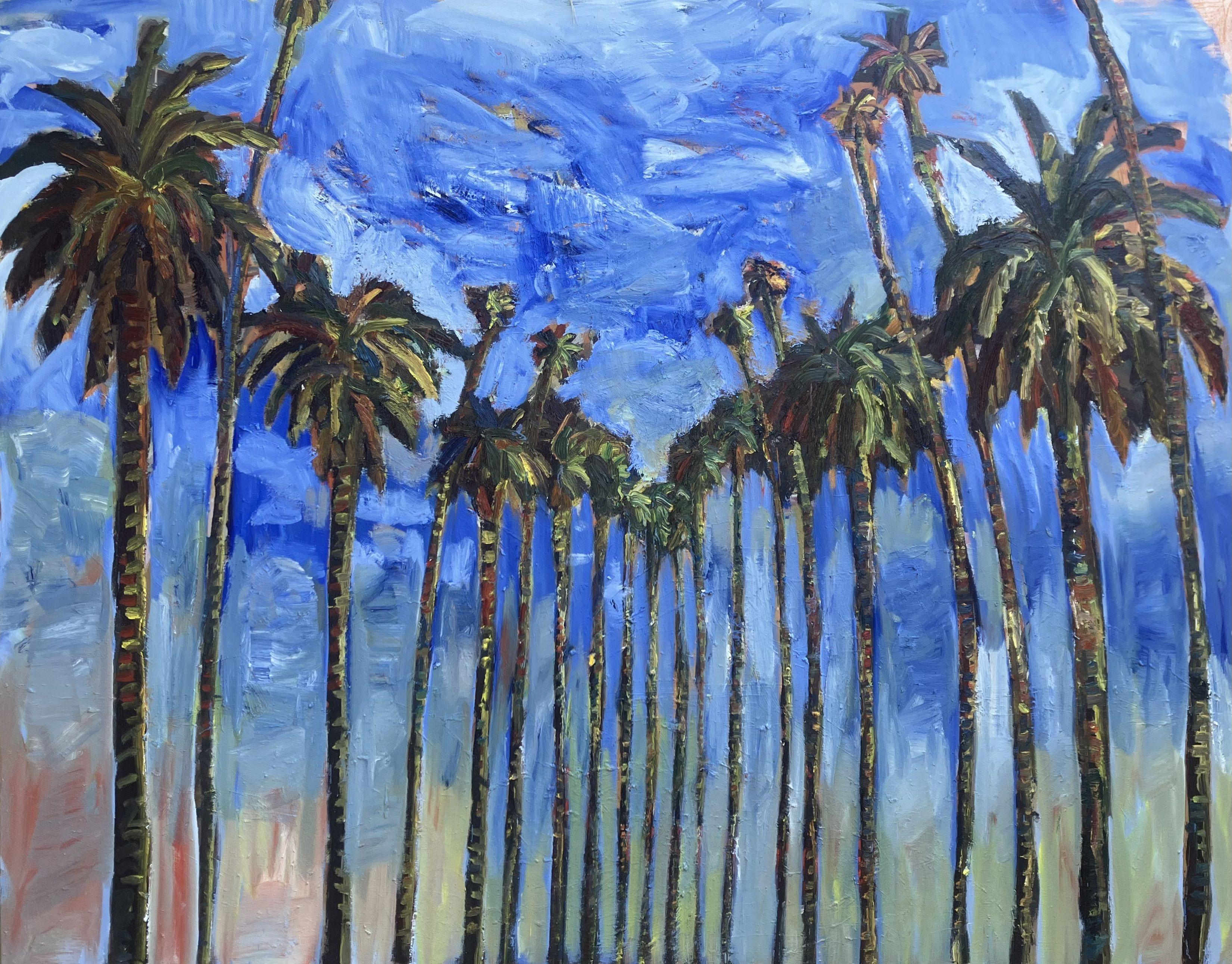 Straßenpalmen, Gemälde, Öl auf Leinwand – Art von John Kilduff