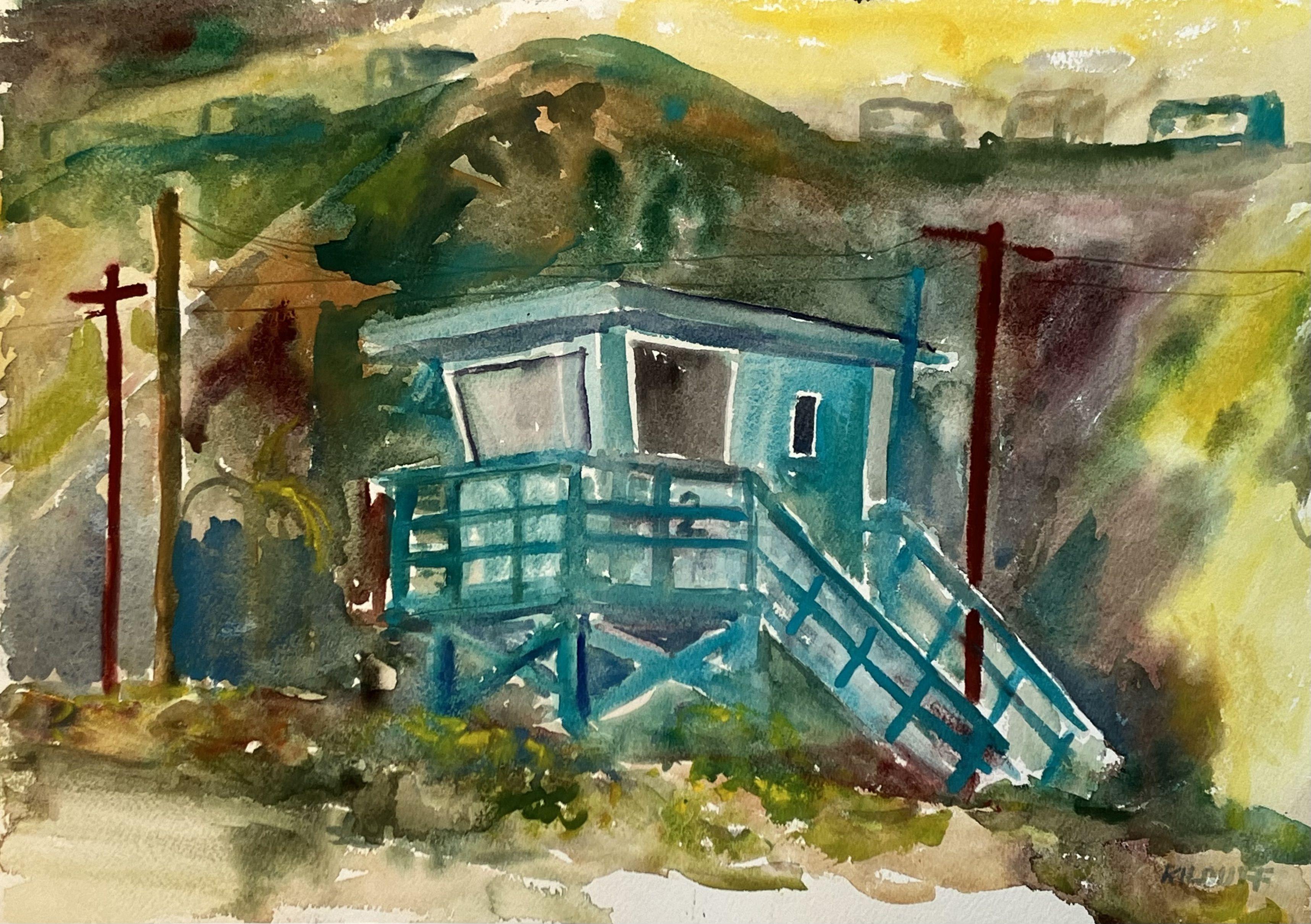Torre di salvataggio di Malibu, Pittura, Acquerello su carta - Art di John Kilduff