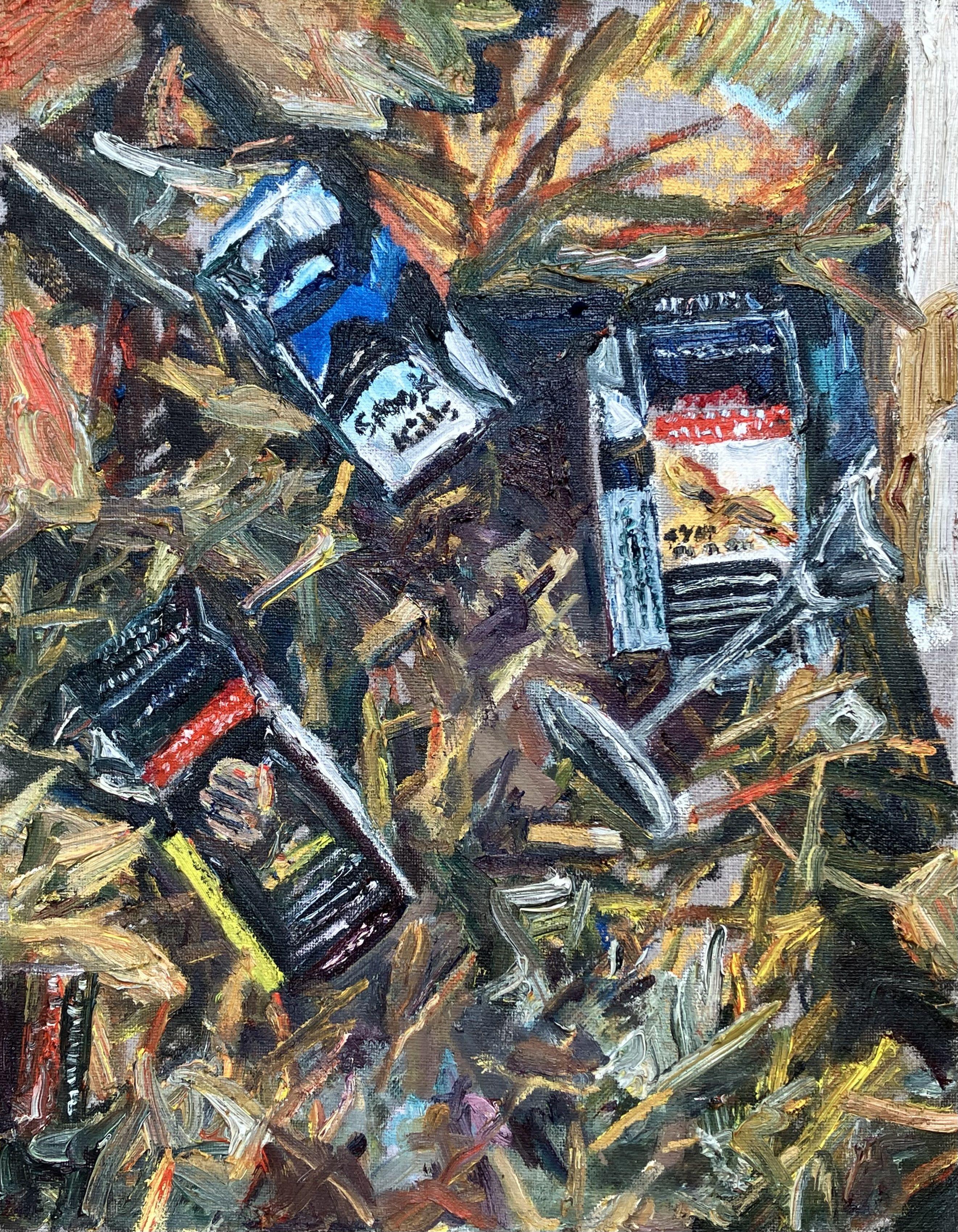 Boîtes à cigarettes vides dans la nature, Peinture, Huile sur toile