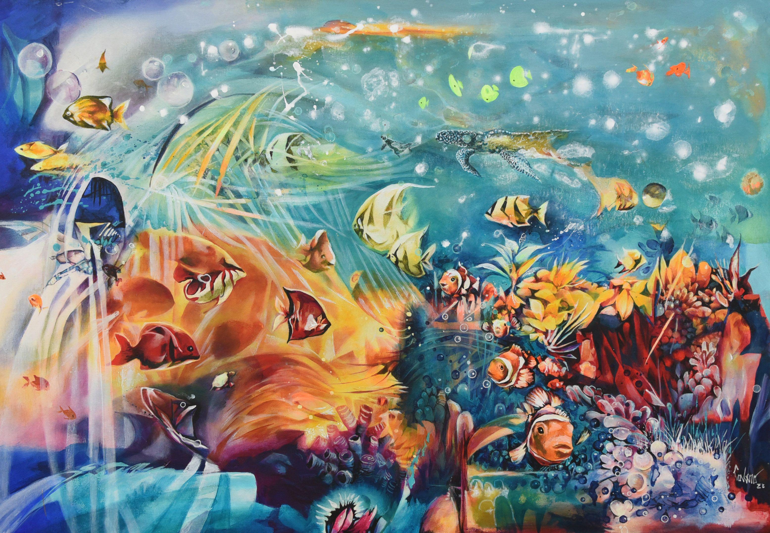 Korallenmeer, Gemälde, Acryl auf Leinwand – Art von Jorge Calero