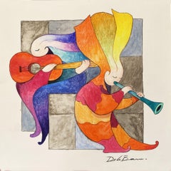 Chitarra e flauto, Pittura, Acquerello su carta acquerellata