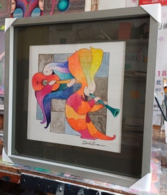 Chitarra e flauto, Pittura, Acquerello su carta acquerellata