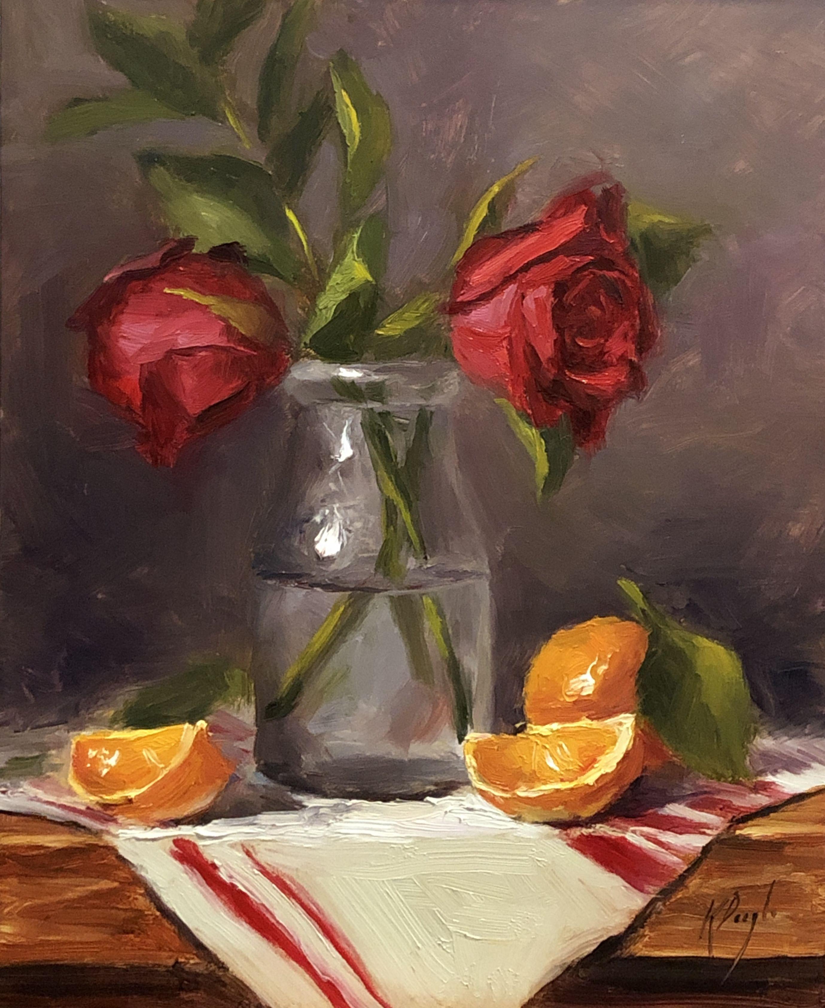 Roses rouges dans un vieux pot à lait, peinture, huile sur panneau de bois - Art de Karen  Daigle