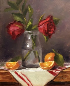 Rose rosse in un vecchio barattolo di latte, Pittura, Olio su pannello di Wood
