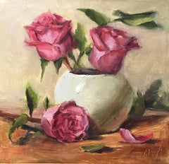 Rosa Reese in weißer Vase, Gemälde, Öl auf Holzplatte
