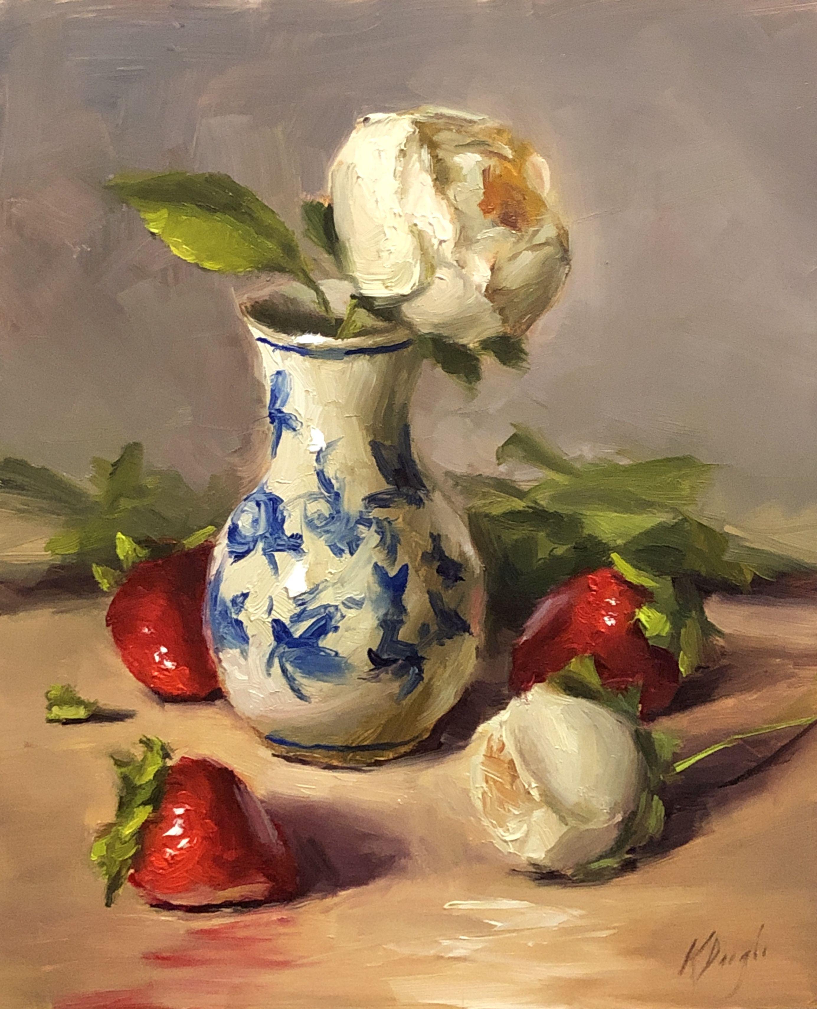 Rosa blanca con fresas, Pintura, Óleo sobre panel de madera - Art de Karen  Daigle