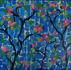 Wallflowers (Pink on Blue), Painting, Acrylic on Canvas